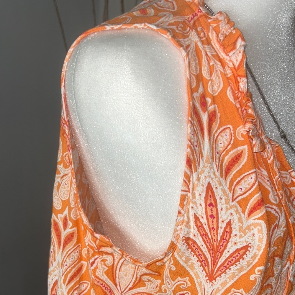 3x20 LOFT Orange and White Sleeveless Ruffled Tie Front Blouse - Picture 4 of 9